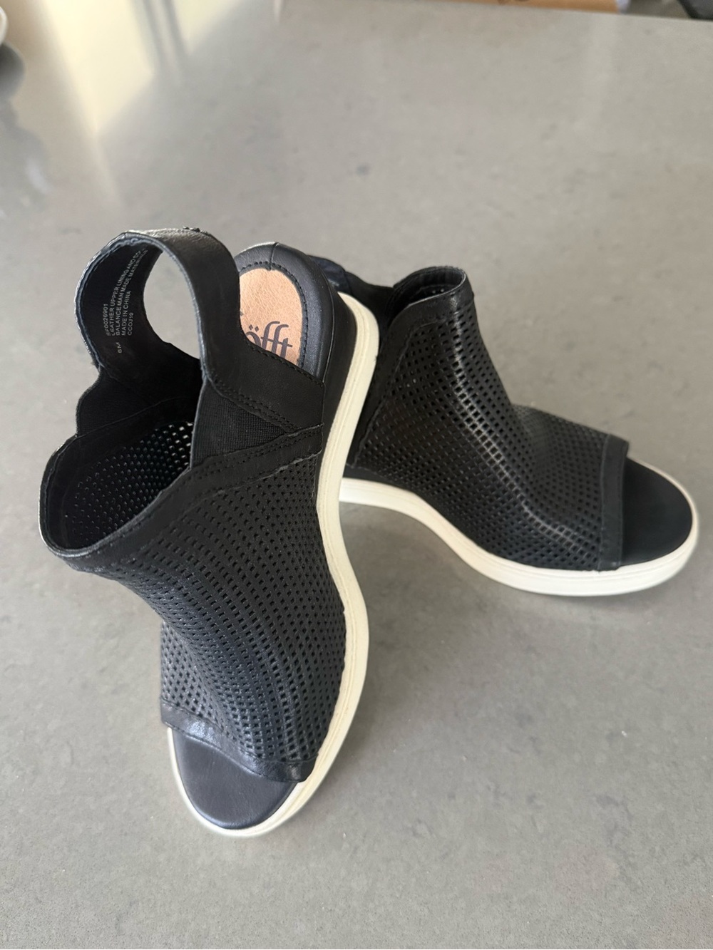 Sofft Black Perforated Open-Toe Wedge Sandals with White Sole